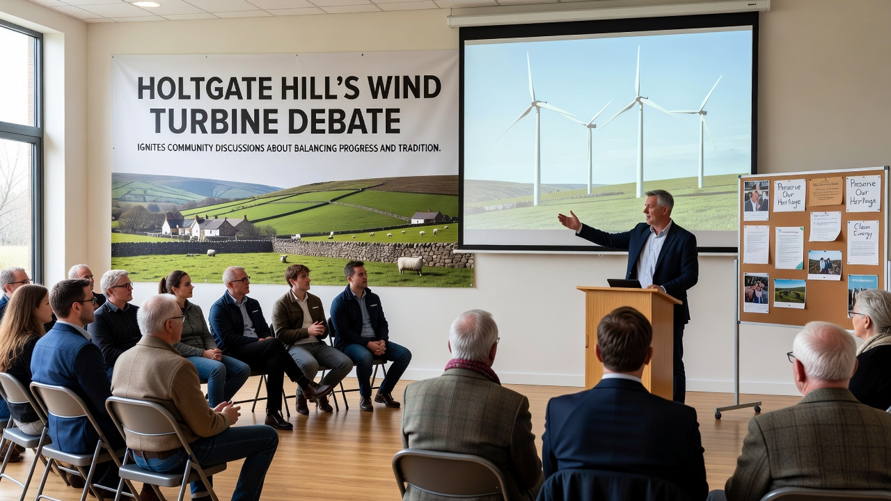 Residents gathered at Holtgate community hall during a public discussion on the wind turbine plans