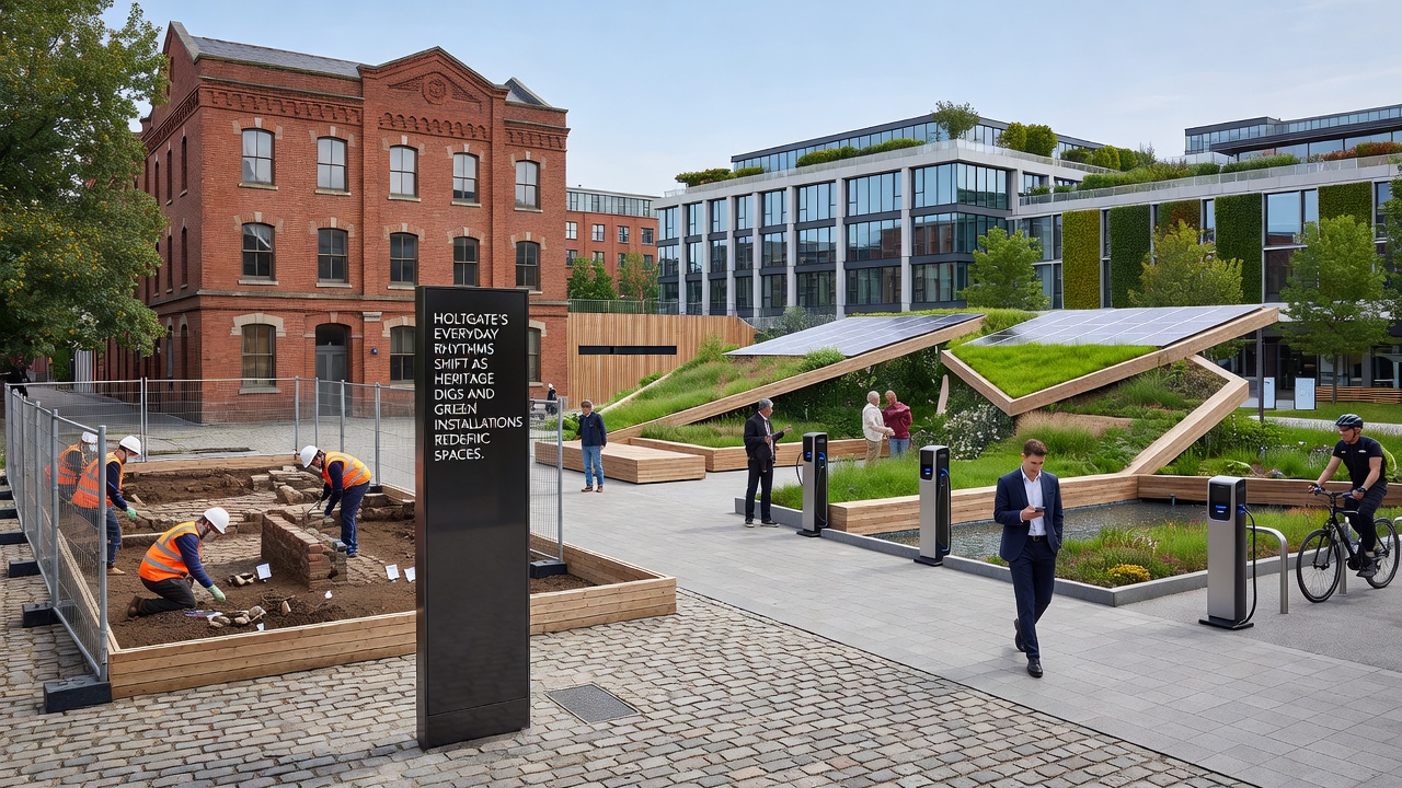 Green installation featuring native plants and permeable pathways integrated around a heritage dig area in Holtgate
